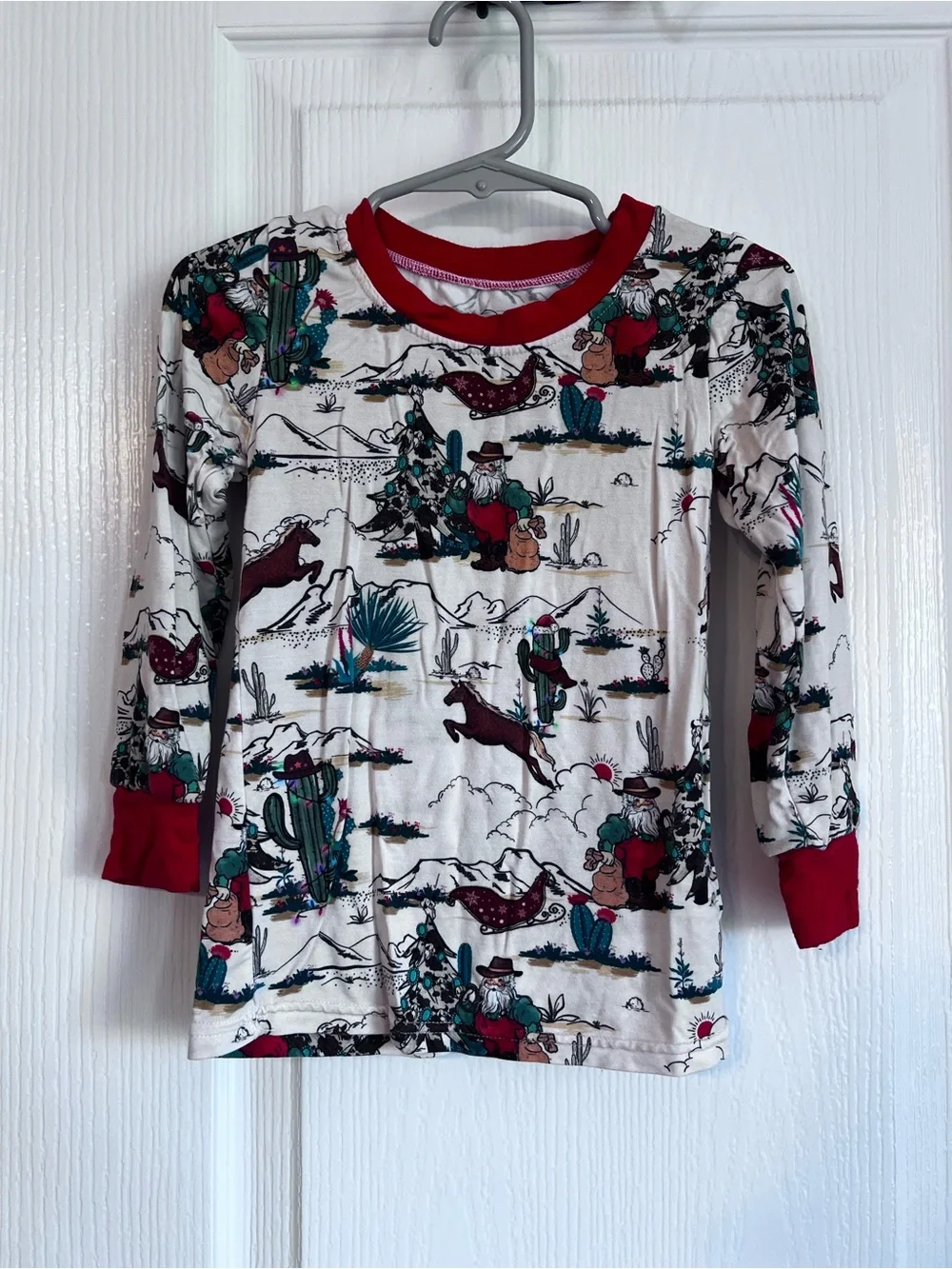 Kids Western Cowboy Print Pajama Set - Red Trim